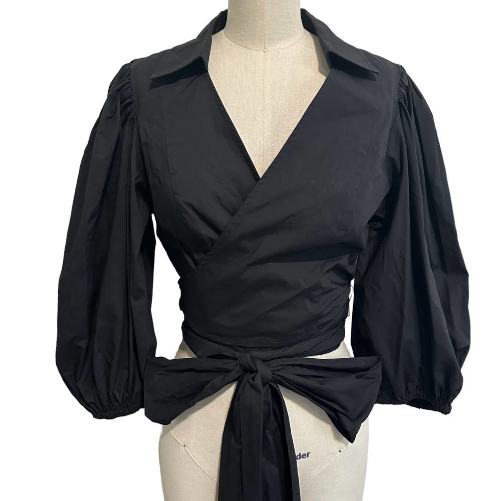 Nwt Toccin Ny Black Puff Sleeve Wrap Shirt Medium